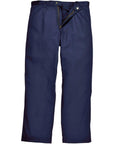 Portwest PW252 navy blue pants featuring a front zipper and button closure, showcased against a white background.