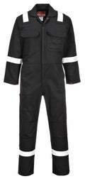 Portwest PW253: A black coverall featuring white reflective strips on the shoulders, arms, and legs. It includes multiple pockets and has long sleeves.