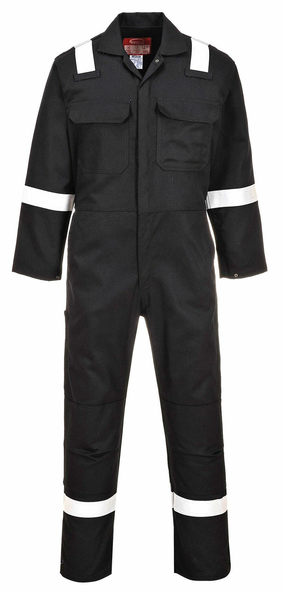 Portwest PW253: A black coverall featuring white reflective strips on the shoulders, arms, and legs. It includes multiple pockets and has long sleeves.