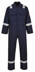 The Portwest PW253 is a navy blue coverall featuring reflective stripes on the arms, chest, and legs.