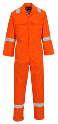 Portwest's PW253 is an orange coverall featuring reflective stripes on the sleeves and legs, front pockets, and a collar.