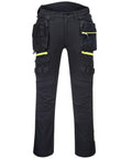 Portwest's PW260 black utility pants feature multiple pockets and yellow zippers, displayed from the front.
