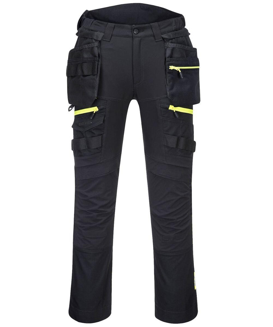 Portwest's PW260 black utility pants feature multiple pockets and yellow zippers, displayed from the front.