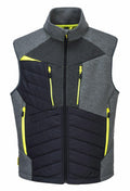 The PW261 by Portwest is a sleeveless vest in gray and black, featuring neon yellow accents and zipper pockets.