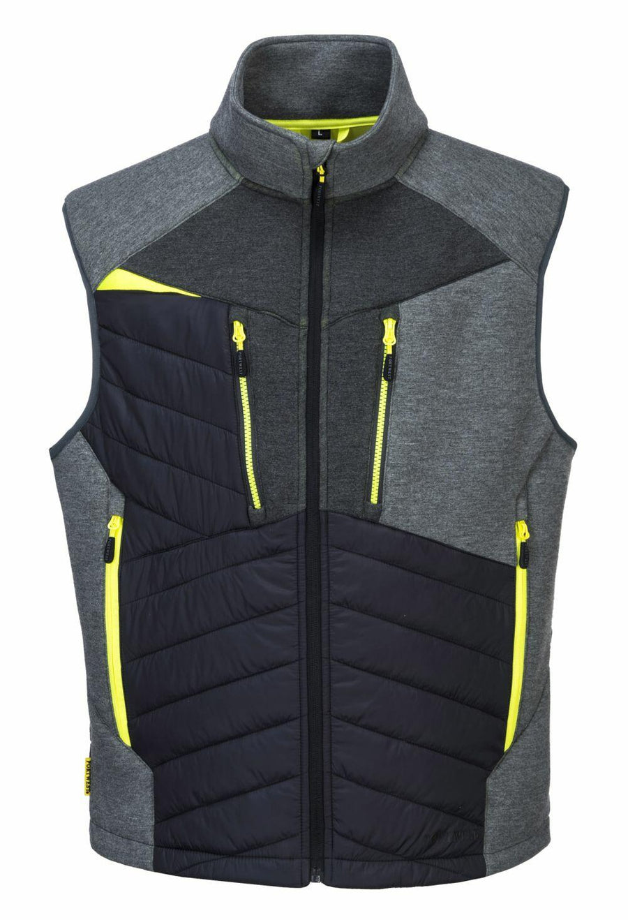 The PW261 by Portwest is a sleeveless vest in gray and black, featuring neon yellow accents and zipper pockets.