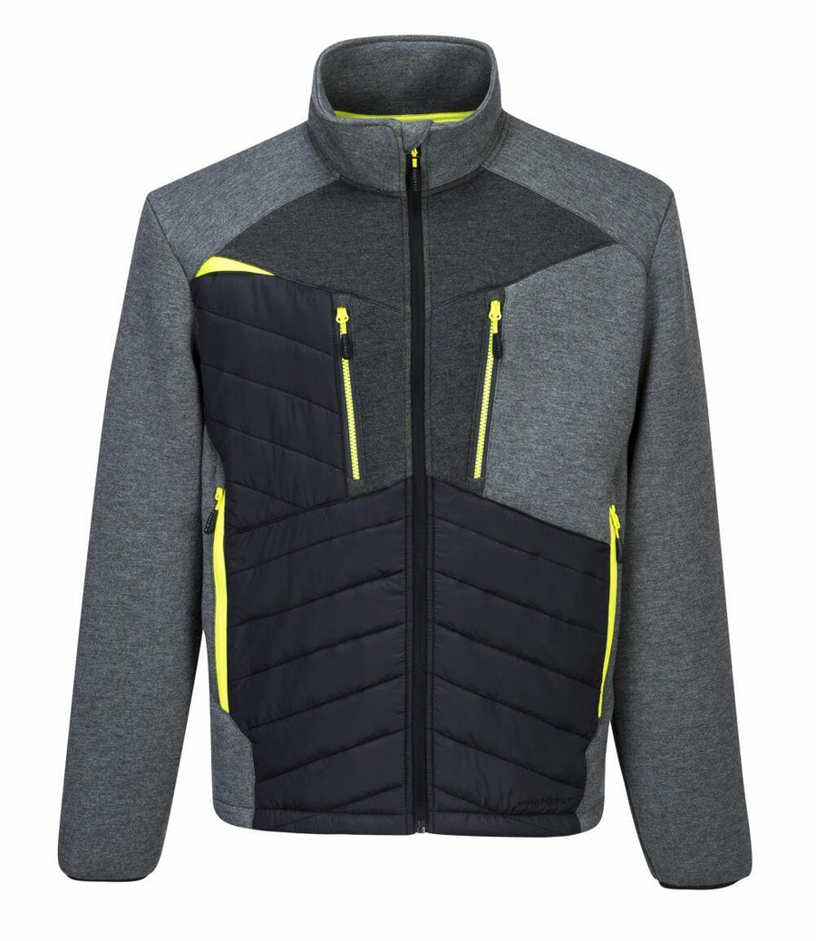 The Portwest PW262 jacket is gray with black and yellow accents, featuring two zippered chest pockets and a high collar.