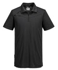 Polos: A black, short-sleeved polo shirt features a zipped collar and straight hem, shown against a plain white background.