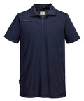 A navy blue polo shirt with short sleeves, a zip-up collar, and a subtle diagonal seam on the chest is shown against a white background.