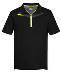 The Polos is a black, short-sleeve polo shirt featuring a collar, partial front zip, and yellow and grey accents near the left shoulder and zip. Made from lightweight material ideal for activewear.