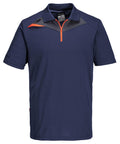 Polos: Navy blue, short-sleeved polo shirt with an orange zip, orange accent on the right shoulder, black chevron across the chest, a collar, and made of synthetic material.