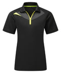 Polos: Black fitted short-sleeve polo with a quarter-zip collar, yellow zip, and yellow accent on the right shoulder. No visible branding or logos.