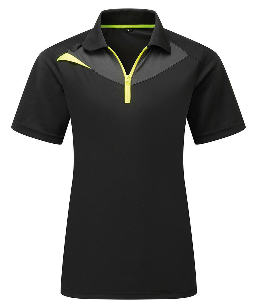 Polos: Black fitted short-sleeve polo with a quarter-zip collar, yellow zip, and yellow accent on the right shoulder. No visible branding or logos.