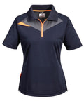 The Womens DX4 polo shirt (DX409) by Portwest is a navy blue short-sleeve top with an orange zip, orange and grey chest accents, a collar, and a straight hem, shown against a plain white background.