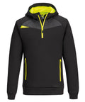The Hoodies is a black, half-zip hooded sweatshirt featuring grey shoulder accents and pops of bright yellow on the zip, inner hood lining, and pockets. Made from thick athletic fabric.
