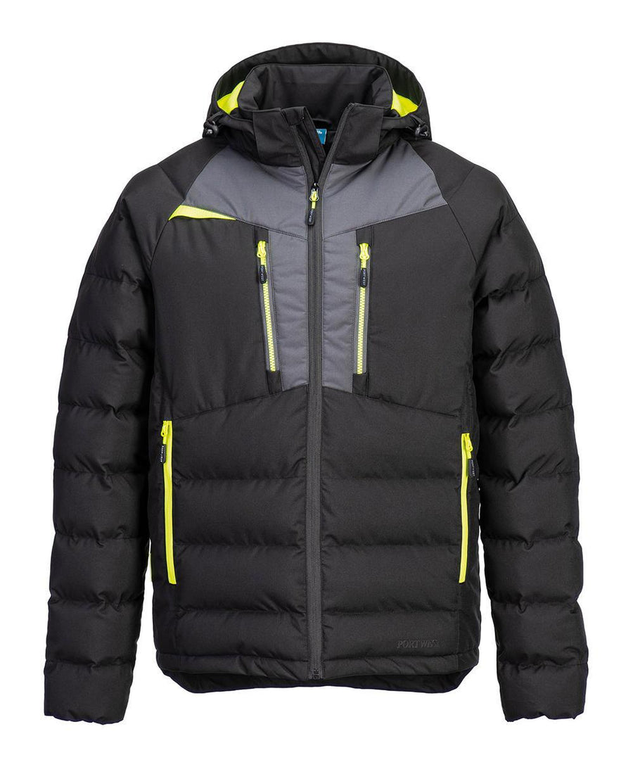 The Portwest DX4 Insulated Jacket (DX468) is a black and grey puffer with yellow zips and accents, featuring a hood, two side pockets, a chest pocket, and a front zip fastening.