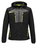 The Fleece features a black and grey design with yellow zip accents, two vertical chest pockets, two waist pockets, and a full front zip fastening. This jacket offers a modern, sporty look with practical storage options.