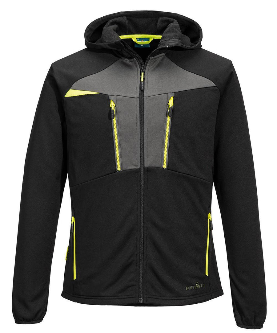 The Fleece features a black and grey design with yellow zip accents, two vertical chest pockets, two waist pockets, and a full front zip fastening. This jacket offers a modern, sporty look with practical storage options.