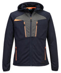The Portwest DX4 Technical Fleece (DX417) is a dark blue jacket with a hood, orange zips, grey chest panels, and four zipped pockets—two on the chest and two at the waist—shown against a white background.