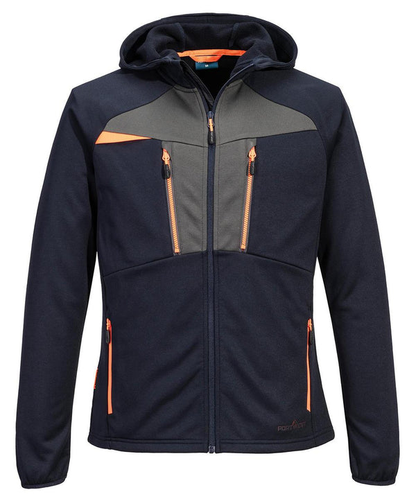 The Portwest DX4 Technical Fleece (DX417) is a dark blue jacket with a hood, orange zips, grey chest panels, and four zipped pockets—two on the chest and two at the waist—shown against a white background.
