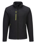 The Fleece features a black textured zip-up design with a high collar and three bright yellow-zippered pockets—one chest and two side pockets. Displayed on a white background.