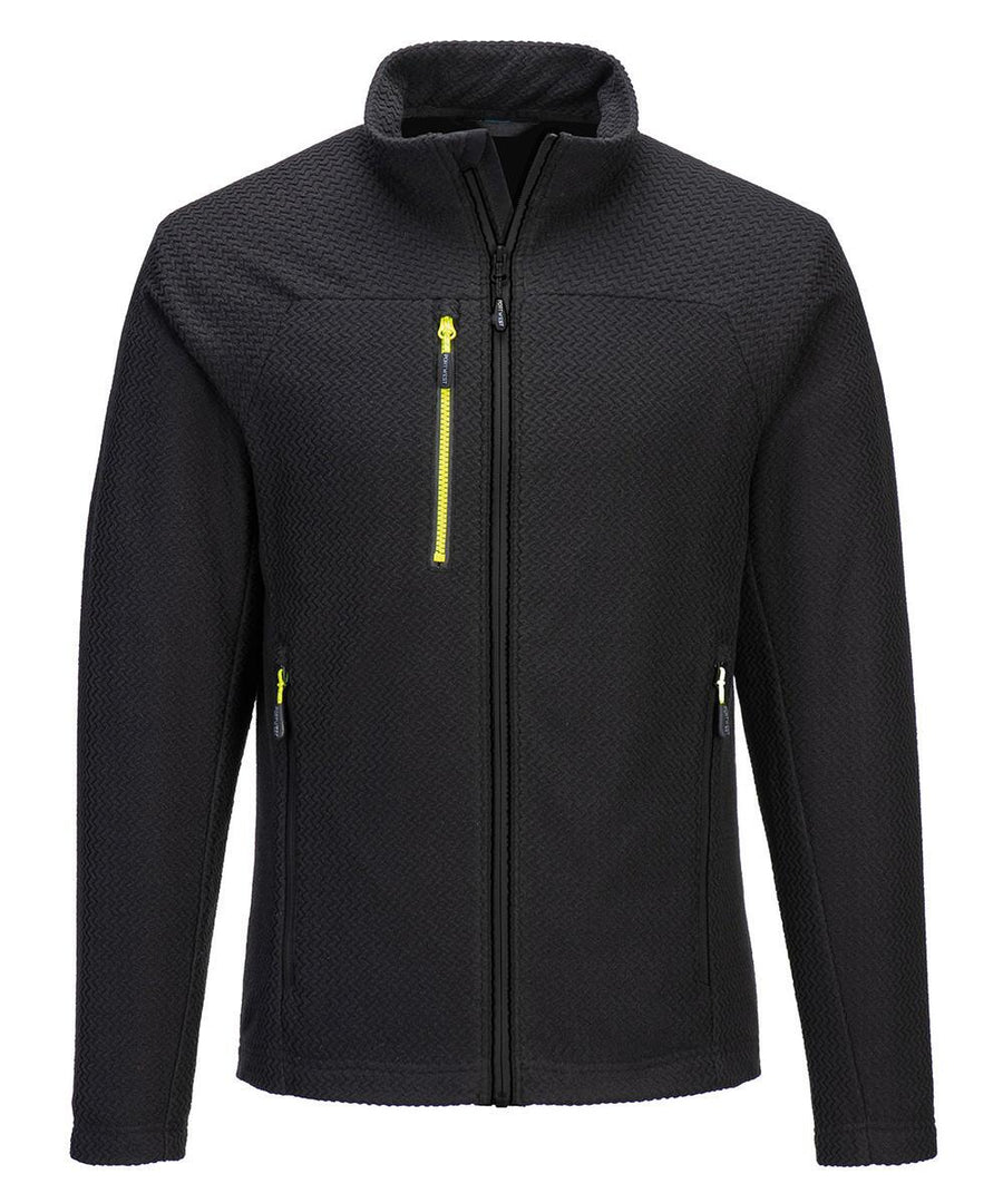 The Fleece features a black textured zip-up design with a high collar and three bright yellow-zippered pockets—one chest and two side pockets. Displayed on a white background.