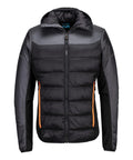 A black and dark grey hooded puffer jacket from Jackets, featuring a front zip and two orange-zipped side pockets, shown facing forwards on a white background.