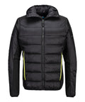 The Portwest EV4 Insulated baffle jacket (EV471) is a black hooded puffer with yellow-accented zips, two side pockets, and sleeves and sides made from a contrasting stretch material.