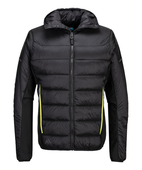 The Portwest EV4 Insulated baffle jacket (EV471) is a black hooded puffer with yellow-accented zips, two side pockets, and sleeves and sides made from a contrasting stretch material.