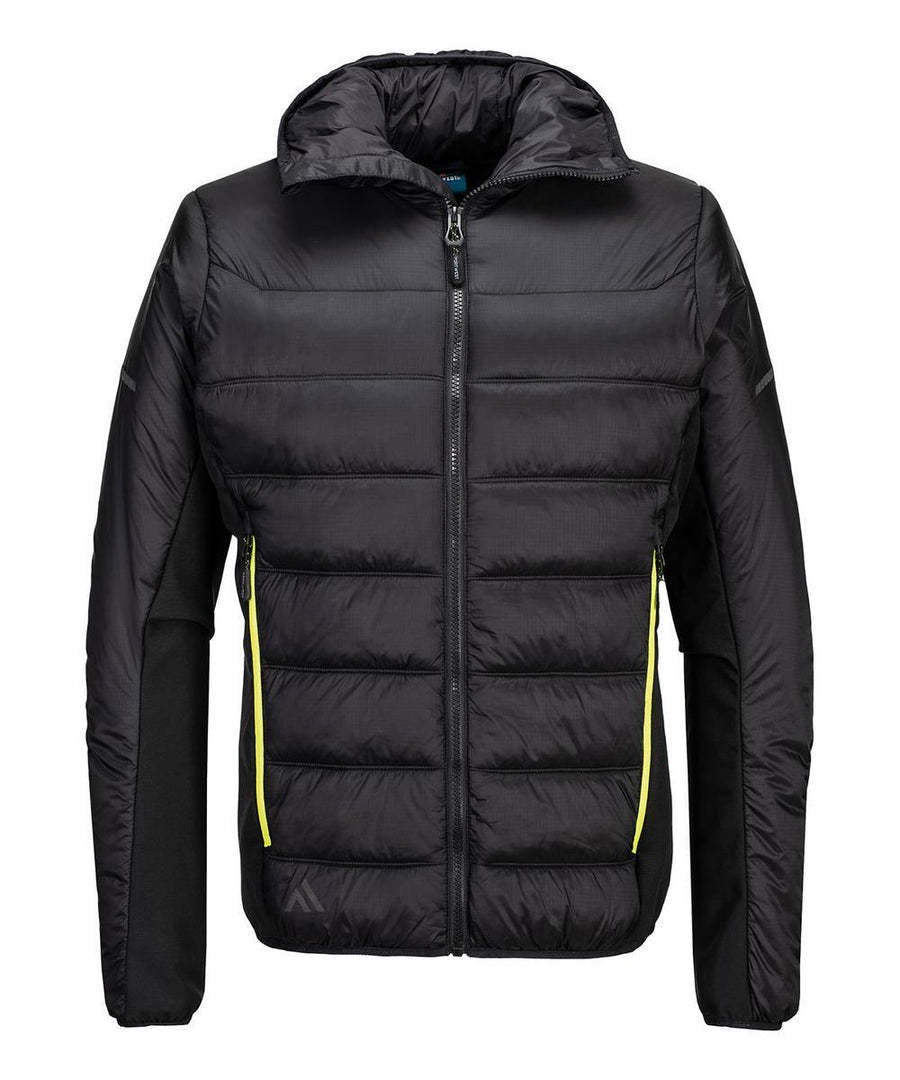 The Portwest EV4 Insulated baffle jacket (EV471) is a black hooded puffer with yellow-accented zips, two side pockets, and sleeves and sides made from a contrasting stretch material.