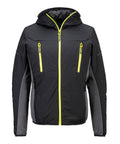 The Jackets product is a black and grey hooded jacket featuring two vertical yellow zippered chest pockets, a yellow front zip, and zipped side pockets, shown on a white background.