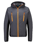 The Jackets product features a grey, lightweight, athletic-fit hooded design with black side panels and four orange zippered pockets—two on the chest and two on the sides.