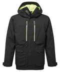 The Jackets product is black with a lime green inner lining, features two vertical zippered chest pockets, two zippered hand pockets, and adjustable cuffs, shown against a white background.
