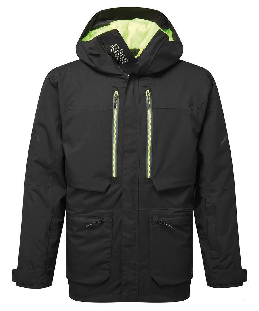 The Jackets product is black with a lime green inner lining, features two vertical zippered chest pockets, two zippered hand pockets, and adjustable cuffs, shown against a white background.
