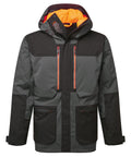 Jackets: A grey and black hooded jacket with orange accents, two vertical chest zips, large front pockets, and an orange-lined hood. Modern, functional design.