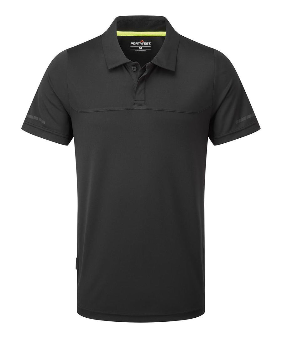 A black short-sleeve polo shirt with a collar and three buttons, shown on a white background. It has a subtle chest seam and features a small logo on the inside label.