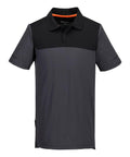 Polos: Short-sleeved polo with a dark grey body and sleeves, black upper chest and collar, plus a three-button placket. Features a simple, modern design without visible logos or patterns.