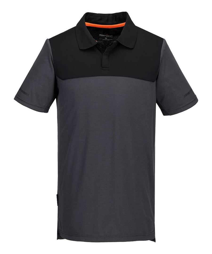 Polos: Short-sleeved polo with a dark grey body and sleeves, black upper chest and collar, plus a three-button placket. Features a simple, modern design without visible logos or patterns.