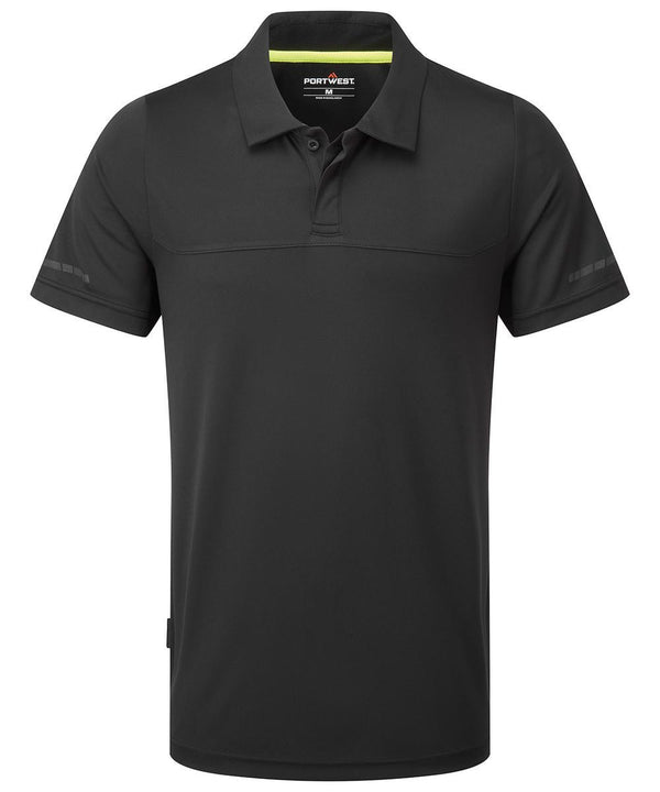 The Portwest EV4 polo shirt (EV410) is a plain black short-sleeve collared shirt with two buttons and a subtle "Portwest" logo on the inside neck label. It features a simple, clean design without visible patterns or decorations.