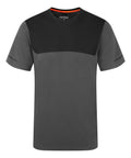 The T-shirts feature short sleeves, a crew neck, a dark grey body with black upper chest and shoulder panels, faint stripes on the sleeves, and an orange accent inside the collar.