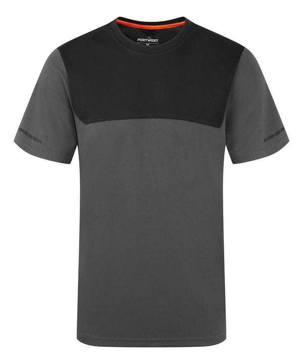 The Portwest EV4 t-shirt (EV411) is a short-sleeved, crew-neck shirt in dark grey with black chest and shoulder panelling and a small logo at the collar.