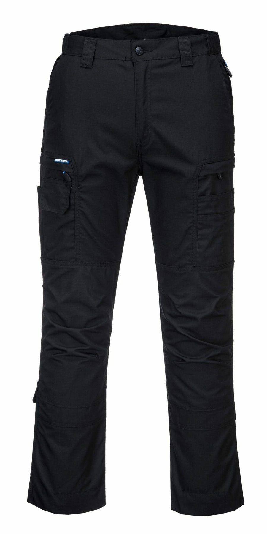 Portwest PW290 cargo pants in black, featuring multiple pockets, belt loops, and a button closure.