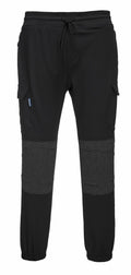 Portwest's PW291 are black cargo pants with a drawstring waist, ribbed knee panels, side pockets, and elasticated cuffs.