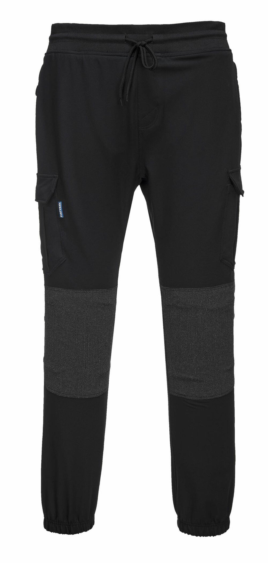 Portwest's PW291 are black cargo pants with a drawstring waist, ribbed knee panels, side pockets, and elasticated cuffs.