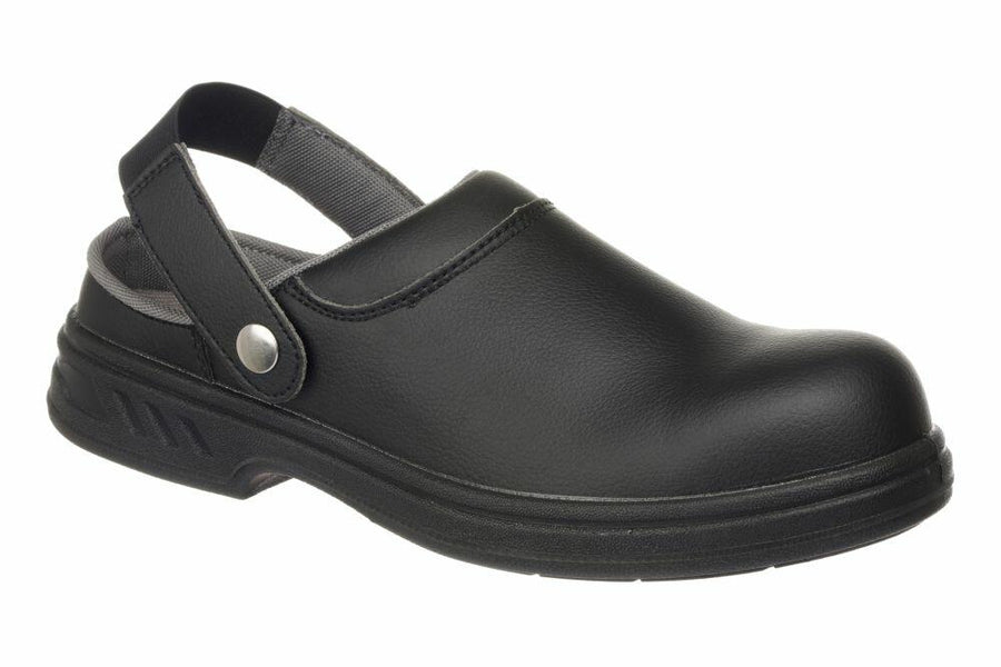 A PW301 black leather clog by Portwest, featuring a cushioned sole and an adjustable strap.