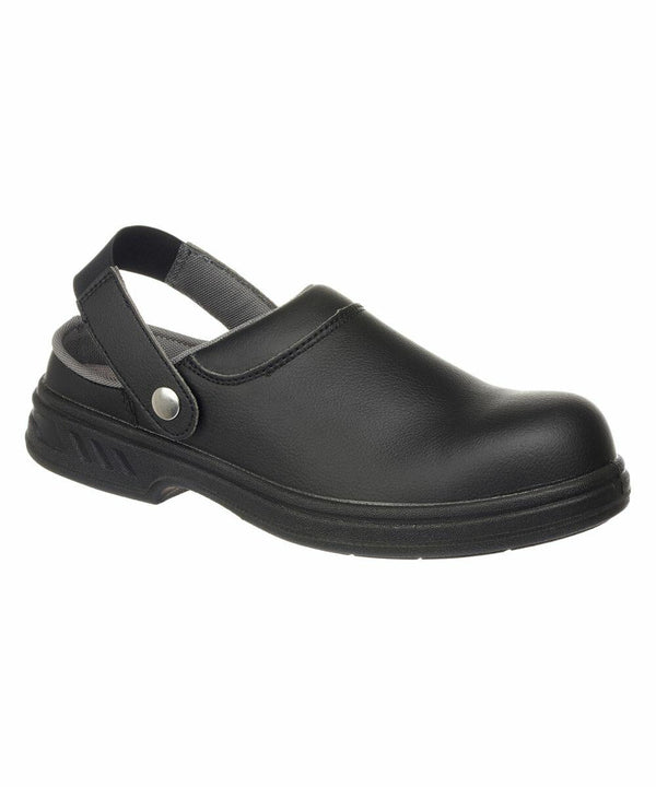 Black leather clog with a back strap and slip-resistant sole. The shoe features a closed toe design with a simple, functional appearance. This is the Portwest PW301.
