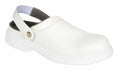 Portwest PW301, a white slip-on clog featuring a back strap and a robust sole.