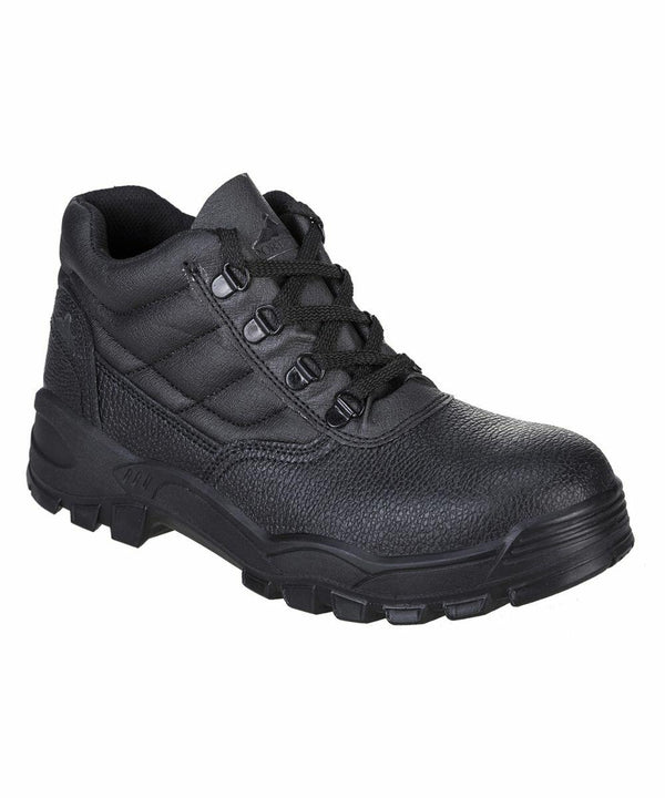 A single black Portwest PW302 industrial work boot with a padded collar, metal eyelets, and a thick rubber sole.