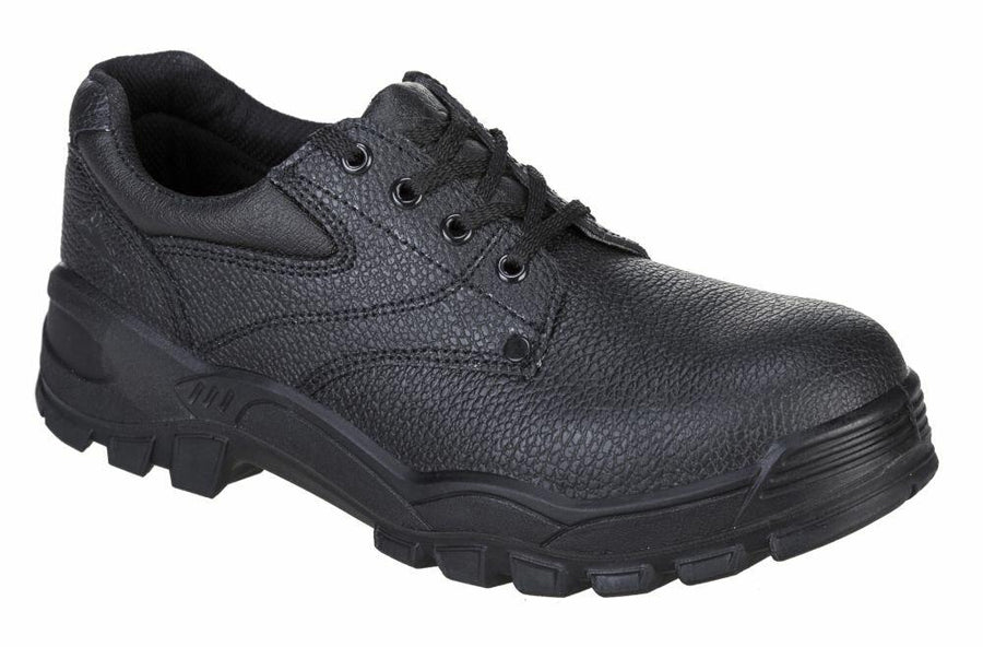 The PW303 by Portwest is a black work shoe featuring a textured surface, lace-up design, and thick treaded sole.