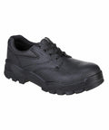 A black, textured leather work shoe with a sturdy, treaded sole and lace-up front, the PW303 from Portwest.