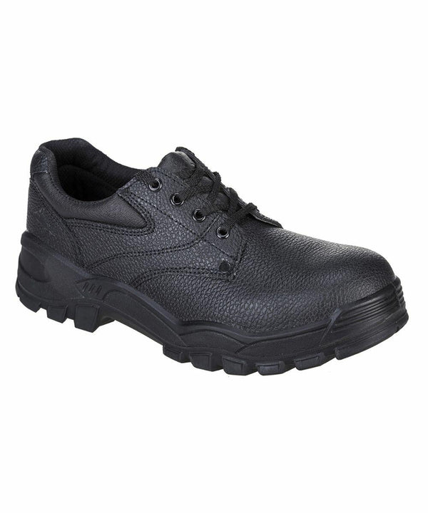 A black, textured leather work shoe with a sturdy, treaded sole and lace-up front, the PW303 from Portwest.